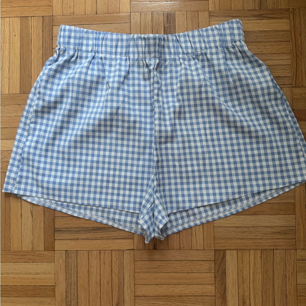 Blue Gingham Women's Elastic Waist Shorts